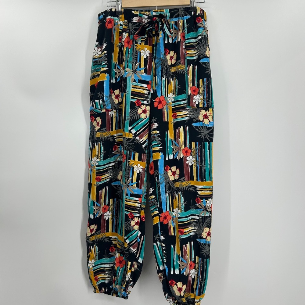 Easel Los Angeles Tropical Floral Cargo Jogger Pants Black Teal Yellow Large NWT